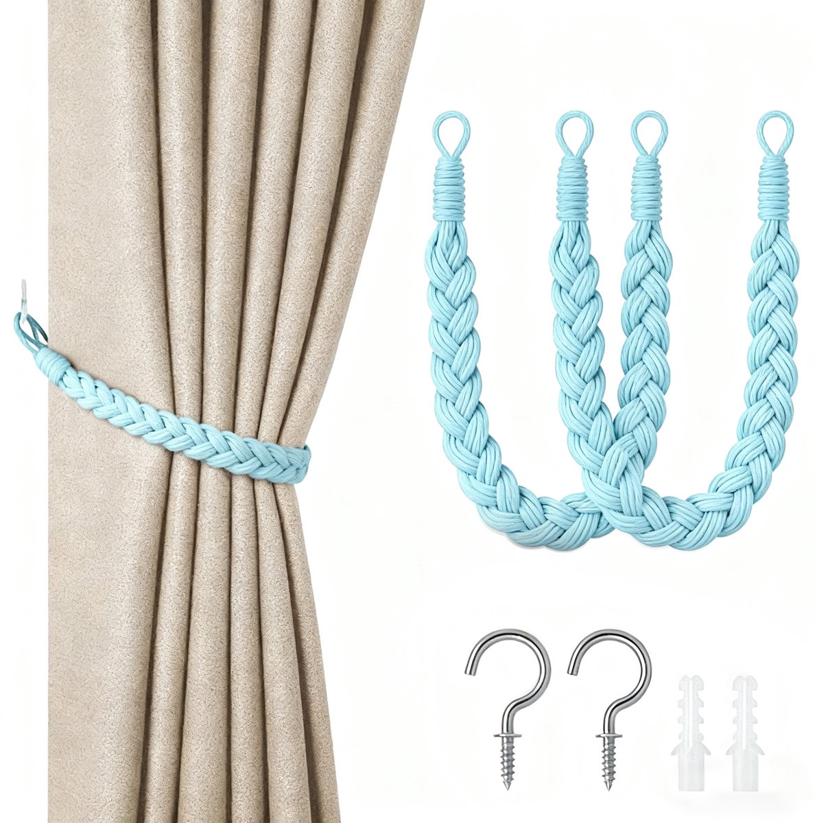 2-pack gordijnbanden - 60cm gordijnkoordgesp - handgeweven gordijnbanden - gedraaide gordijnbanden - met haken - geschikt voor thuis, kantoor, woonkamer, slaapkamer