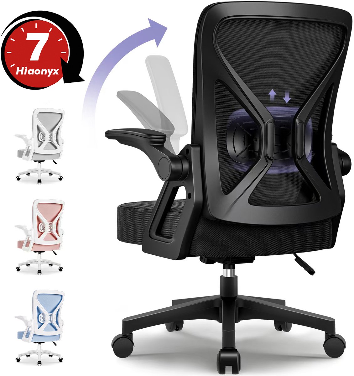 Hiaonyx Bureaustoel-Ergonomische bureaustoel-bureaustoelen voor volwassenen-Opklapbare armleuningen-Lendensteun-Verdikt en verbreed zitkussen-Zwart
