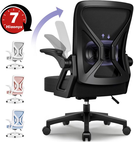 Hiaonyx Chaise de Bureau-Chaise de Bureau Ergonomique-Chaises de Bureau pour Adultes-Accoudoirs Pliants-Support Lombaire-Coussin d'assise épaissi et élargi- Zwart