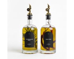 Orzen olie- en azijnflessen dispenser set - met gouden schenktuit, NL zwarte labels, trechter en stift - oliefles - inhoud 500 ml