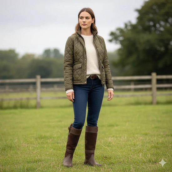 Model draagt een bruine gewatteerde jas, witte trui, blauwe jeans en bruine laarzen.