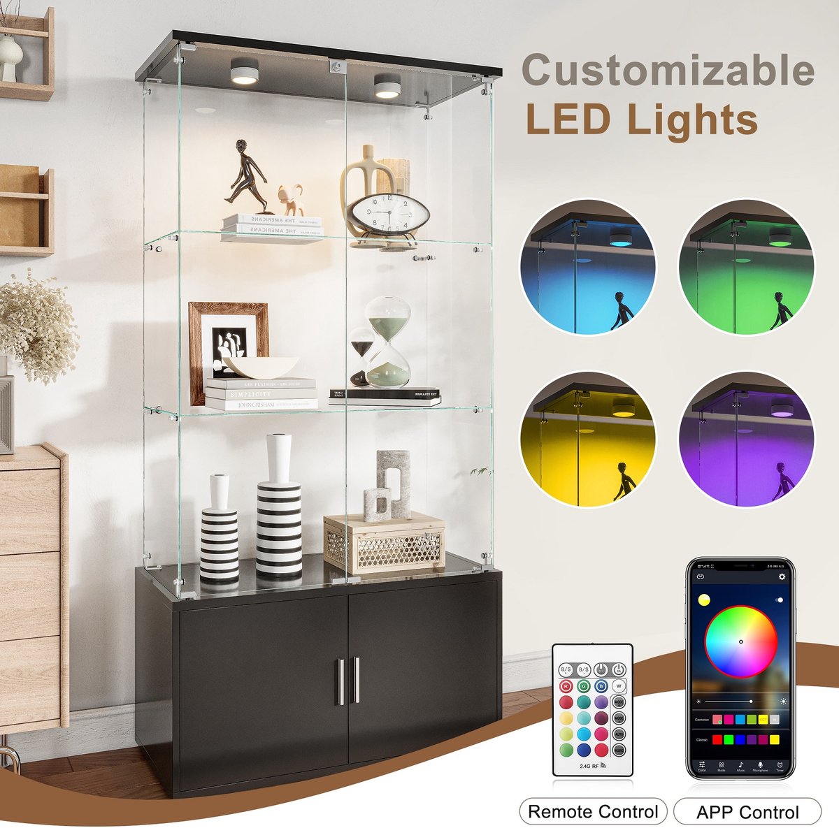 LED-vitrinekast met houten opbergruimte 164x78x35cm 3-laags moderne displaykast, woonkamerkast met 2 deuren, voor boeken, rode wijn en beeldjescollectie, Zwart Pat-lamp (splitsen voor 2 pakketten voor verzending)