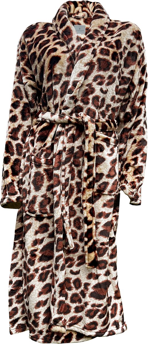 Linnick Flanel Fleece Badjas Leopard - brown - S - Badjas Dames - Badjas Heren