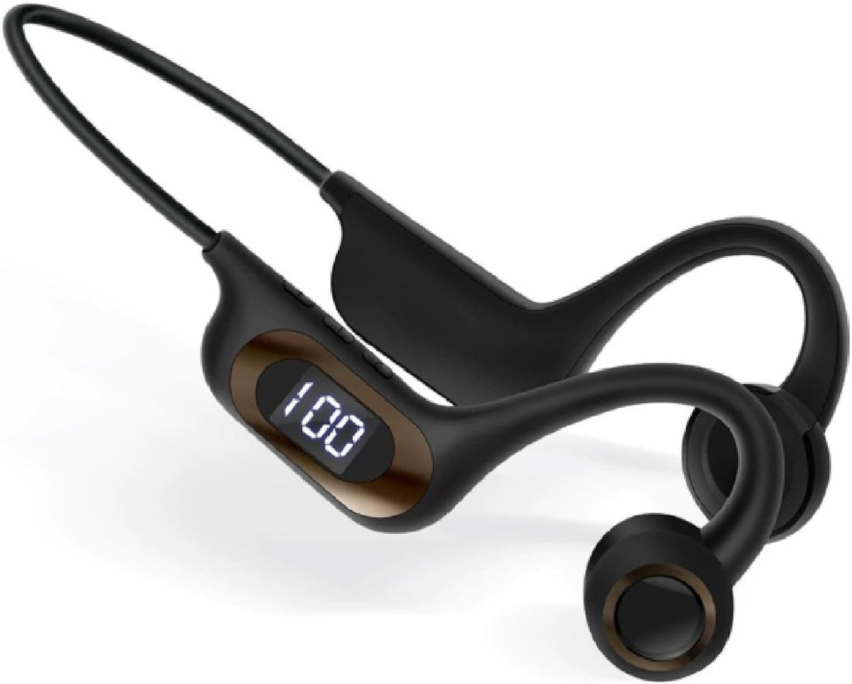 Bone Conduction draadloze Bluetooth-headset, 5.3-kaart digitaal display, hangende oor sport-Bluetooth-headset, geschikt voor mobiele telefoons en computers, buitensporten, reizen, autorijden (zwart)