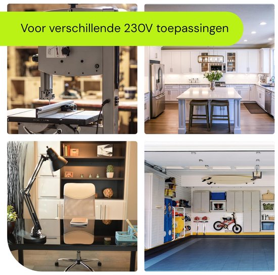 Collage van vier toepassingen: werkplaats, keuken, kantoor en garage, met elektrische apparaten.