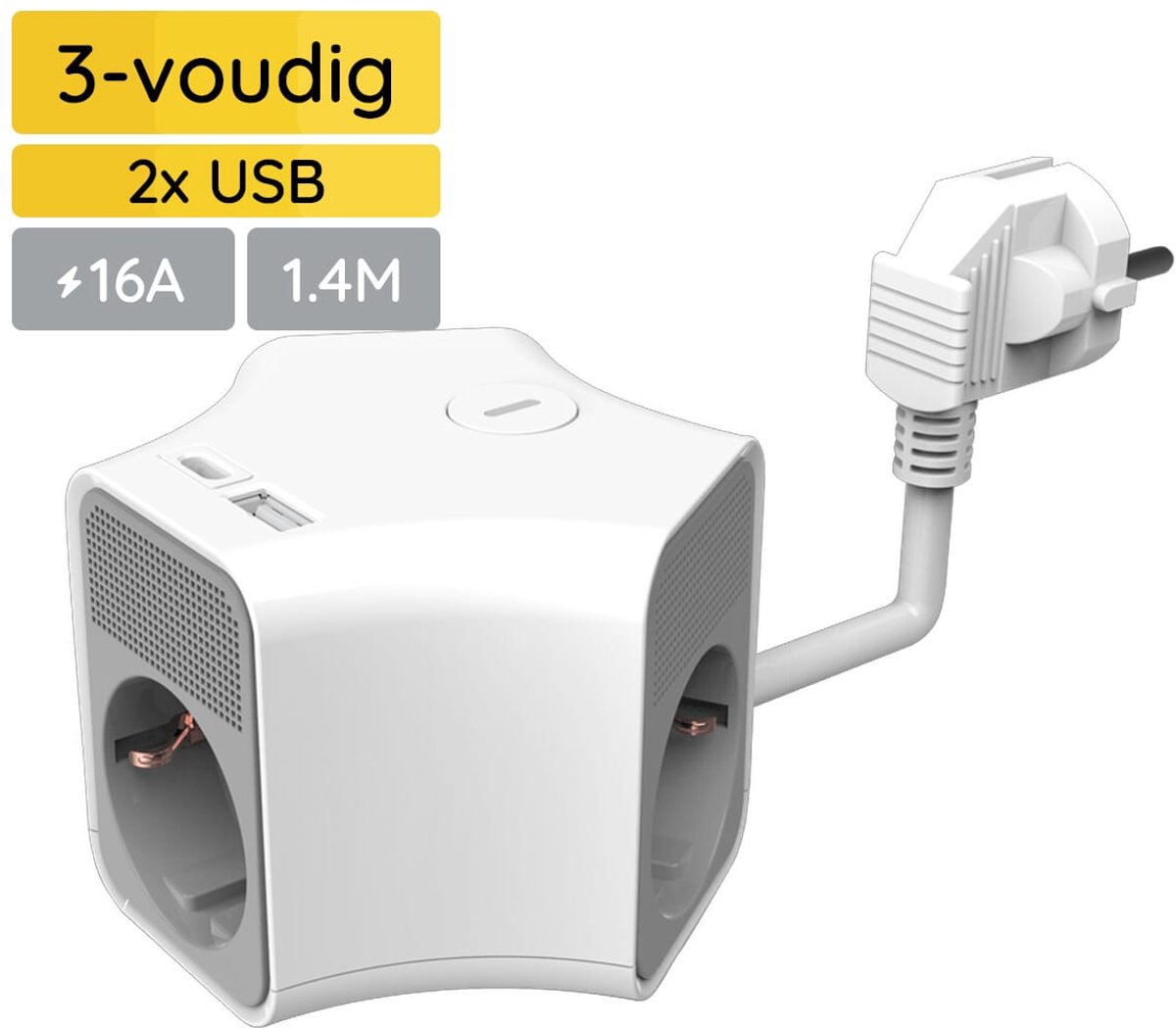 Technik Stekkerdoos Cube met USB 1.4 Meter - 3-Voudig - USB C - USB A - Wit