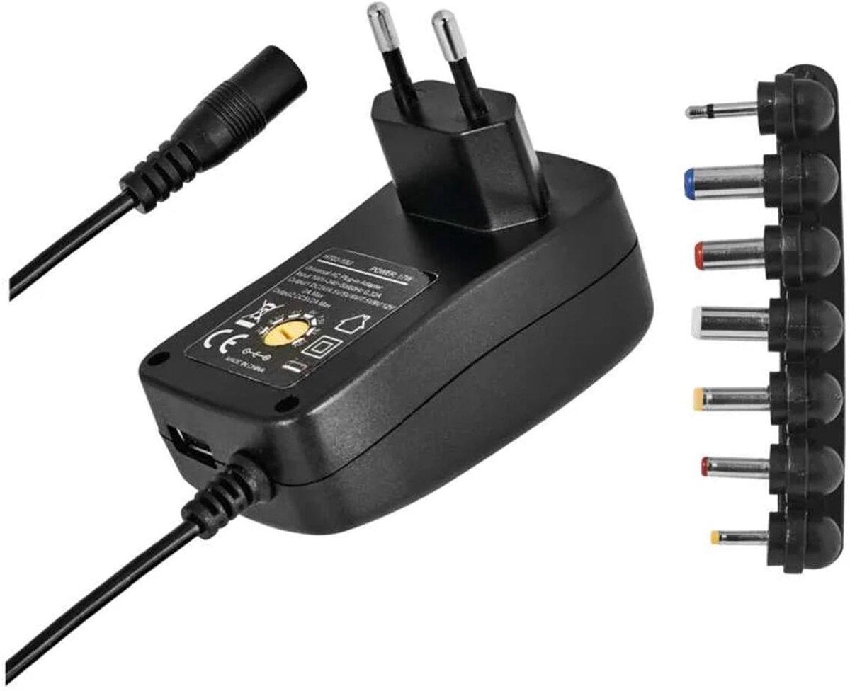 Emos Universele Stroom Adapter met USB 2250mA - 100-240V AC - 3-12V DC - 1.5M kabel - Zwart