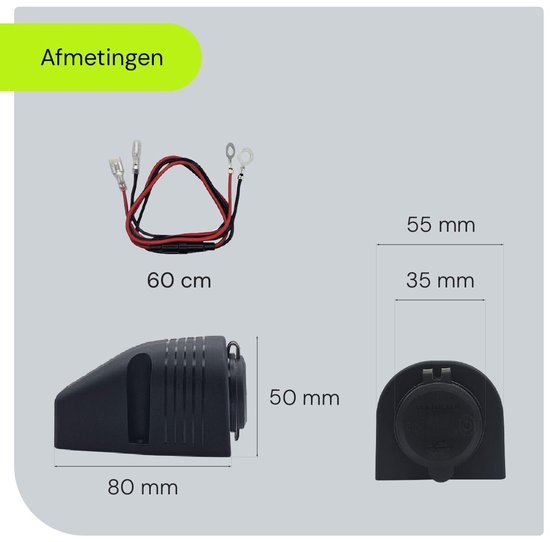 Afmetingen: 60cm kabel, 80x50mm opbouw deel, 55mm/35mm inbouw.