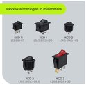 Verschillende aan/uit schakelaars met afmetingen.
