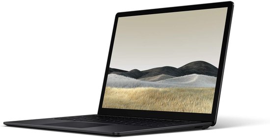 Matzwarte Surface Laptop 4 15 inch met QWERTY toetsenbord, geopend met een landschapsachtergrond.