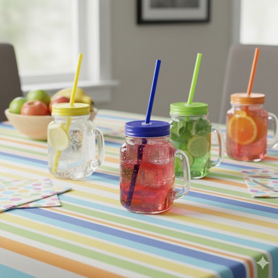 6x stuks Glazen Mason Jar drinkbekers met dop en rietje 500 ml - 3x blauw/3x rood - afsluitbaar/niet lekken/fruit shakes van Premium Household — afbeelding 2