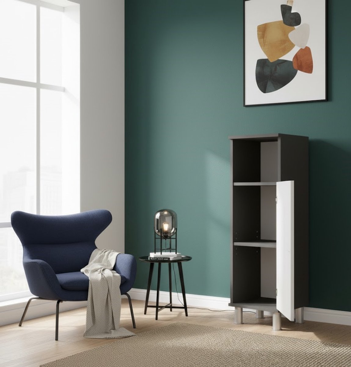 Luxe Badkamerkast “Fynn Deluxe” – Antraciet/Wit Hoogglans – Moderne Midi Kast met Verstelbare Legplank – 95x30x30 cm – Ruime Opslagkast voor Handdoeken & Badkameraccessoires – Stijlvolle Staande Kast met Metaalpoten