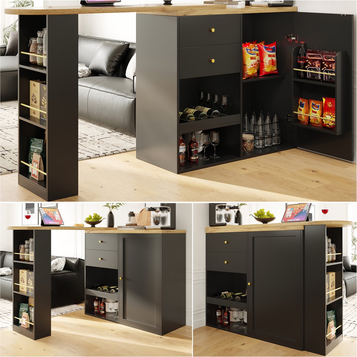 360° Draaibare Bartafel (105x39x102 cm) - Met 2 Lades, Schuifdeurkast & 3 Open Planken - Voor Woonkamer, Eetkamer of Kantoor