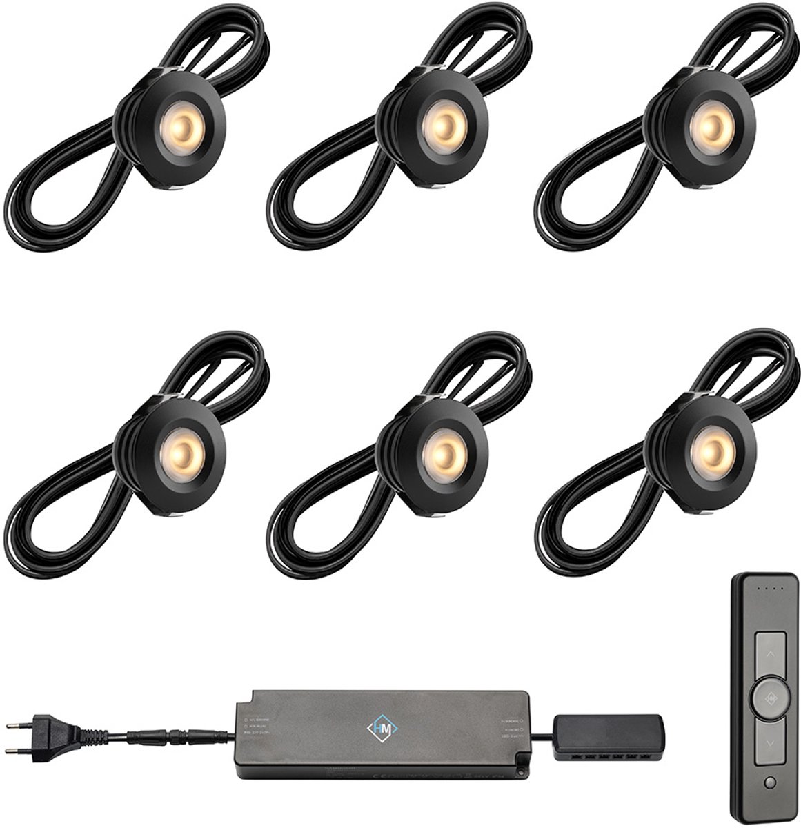 LED veranda inbouwspots Pals zwart ab inclusief trafo en afstandsbediening - 3W / dimbaar / inbouwspot / terrasoverkapping / overkapping / serre / carport / warm wit / rond / 230V / IP44 / set van 6 stuks