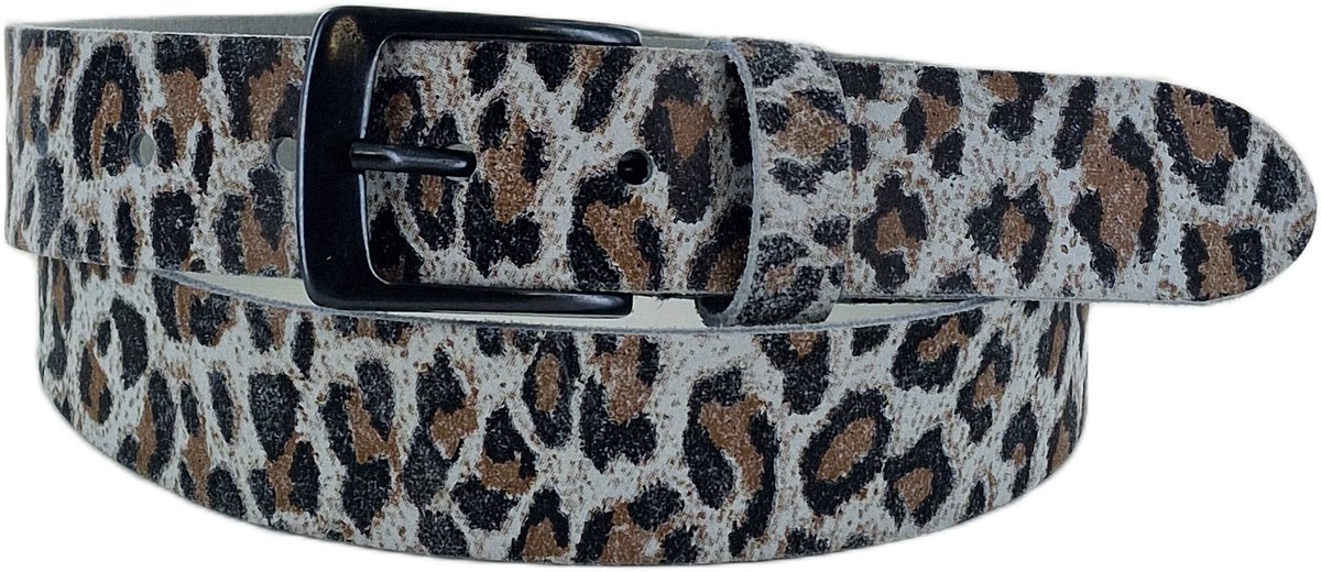 Leren Dames Riem Panterprint | 3.5cm breed | Riemmaat: 105cm (totale lengte: 120cm) | 100% echt leer | Kleur: panter off-white | Nikkelvrije gesp