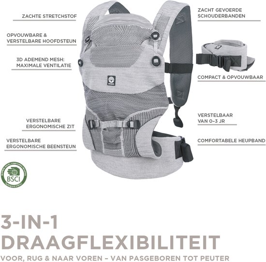 Dooky Draagzak Baby - Baby Carrier Terra Nova Grey - Kinderdrager - Draagzak Peuter en Baby 3,5-15 kg - Ergonomische M-positie - Rugdrager - Verstelbaar en Ademend - Draagzakken - Babydraagzak van Dooky — afbeelding 5
