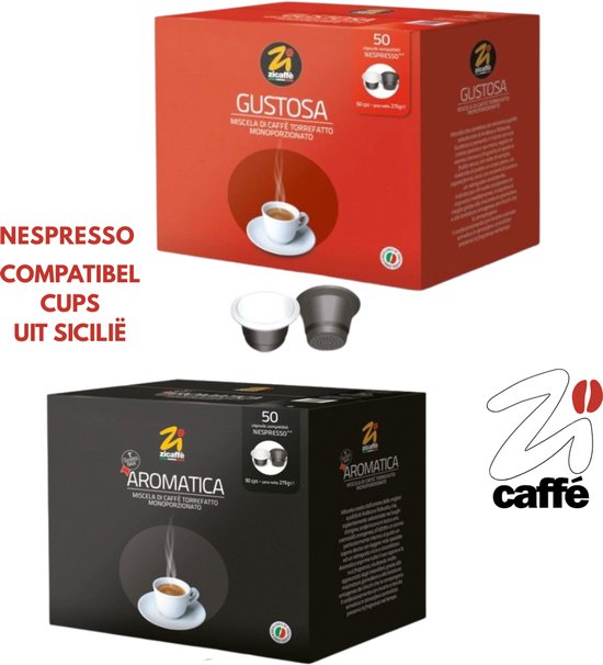 Boîtes de capsules de café Zicaffè, 1 boîte rouge 'Gustosa' et 1 boîte noire 'Aromatica'. Deux capsules sont placées devant.