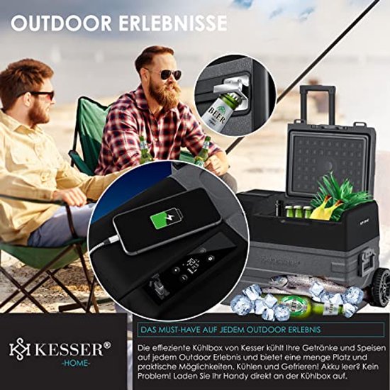 KESSER® Compressor Koelbox 42L Elektrische Frigobox met 2x Koelelementen APP-bediening USB-aansluiting 12/24V 230V en Telescopische stangwielen tot -20 °C - Coolbox voor auto en camping Antraciet van Merkloos — afbeelding 4