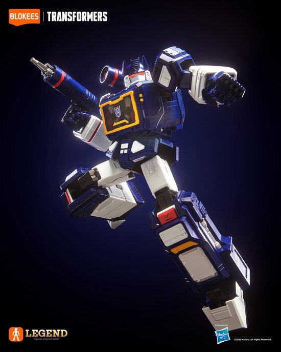 Blauwe en witte Transformer robot met wapen in linkerhand, zwevend.