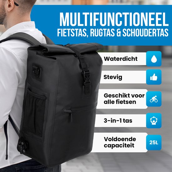 3-in-1 fietstas, waterdicht en reflecterend, geschikt als bagagedragertas, professionele schouder-, fiets- en rugzak voor reizen en werk (zwart