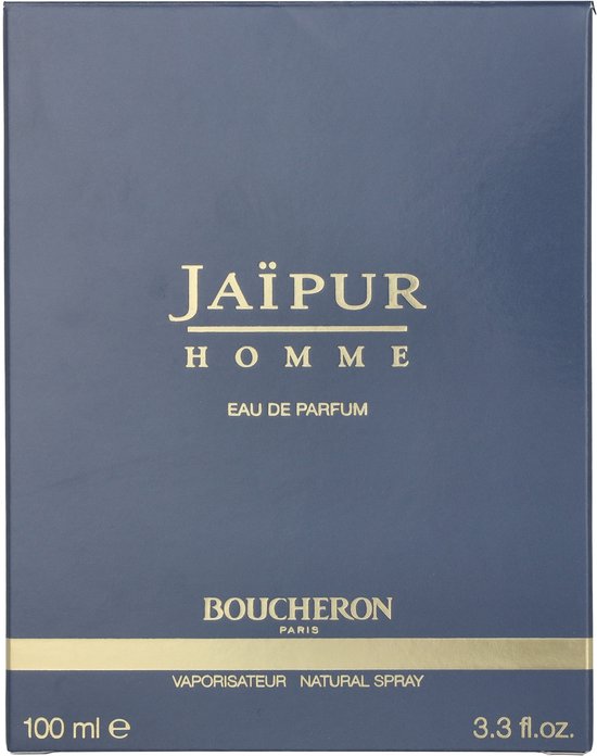 Marineblauwe doos voor Boucheron Jaipur Homme Eau de Parfum, met gouden letters.