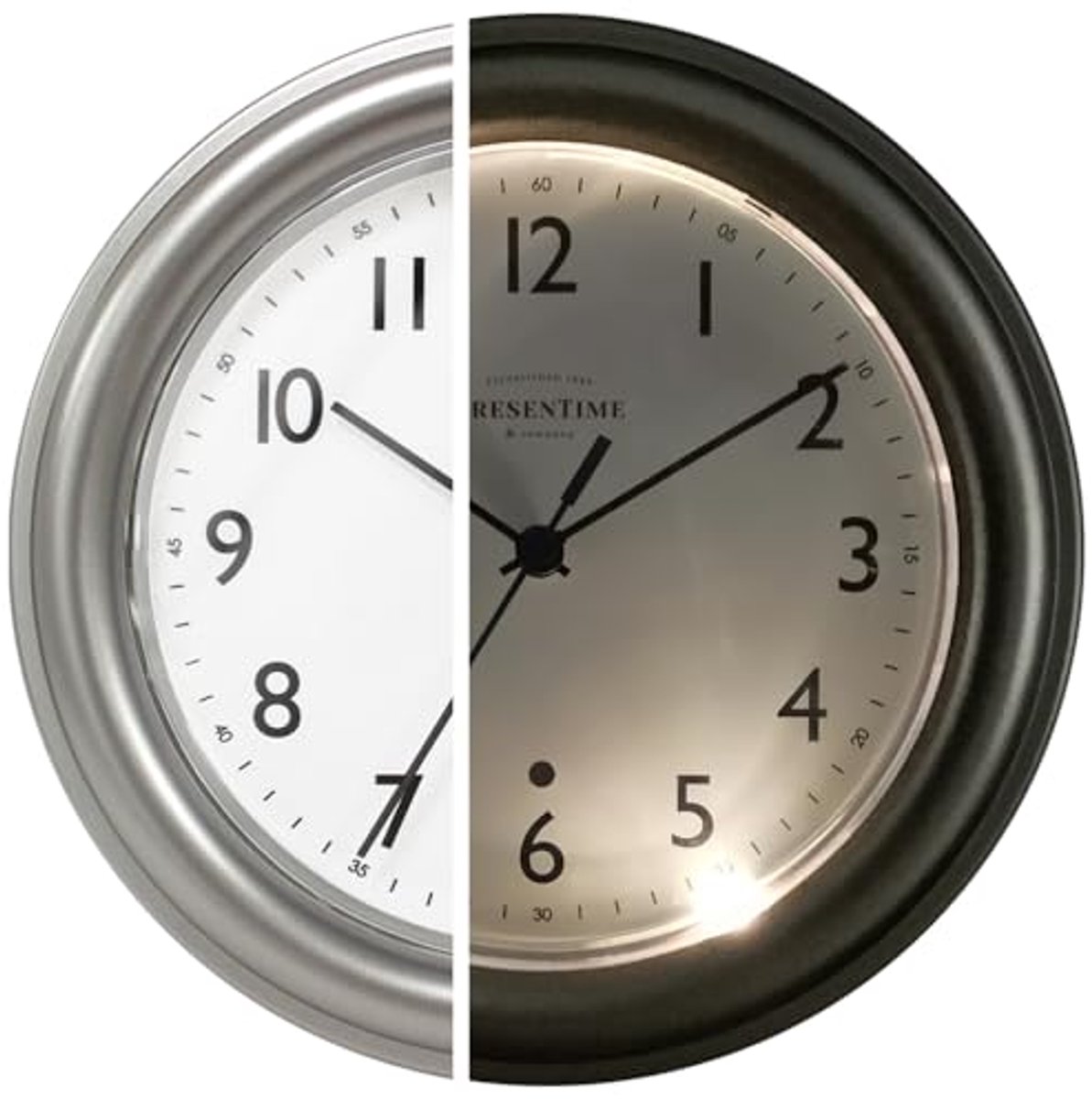 Moderne Boerderij Nachtlampje Wandklok 8,5 Inch - Stille Zilveren Wandklok voor Kantoor, Thuis, Badkamer, Keuken en Slaapkamer
