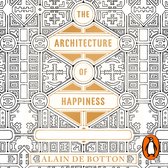 Boekhoes met geometrische patronen en gouden letters, met de tekst 'THE ARCHITECTURE OF HAPPINESS' en de naam 'ALAIN DE BOTTON'.
