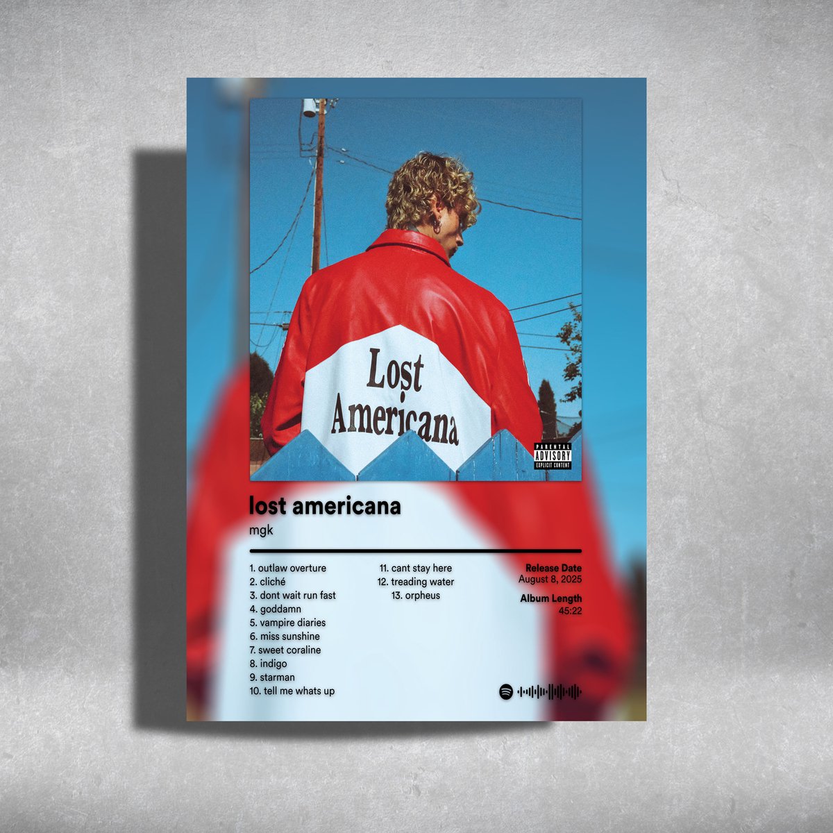Luxe poster MGK - Lost Americana - album cover - metalen poster - 30x40cm Blauw