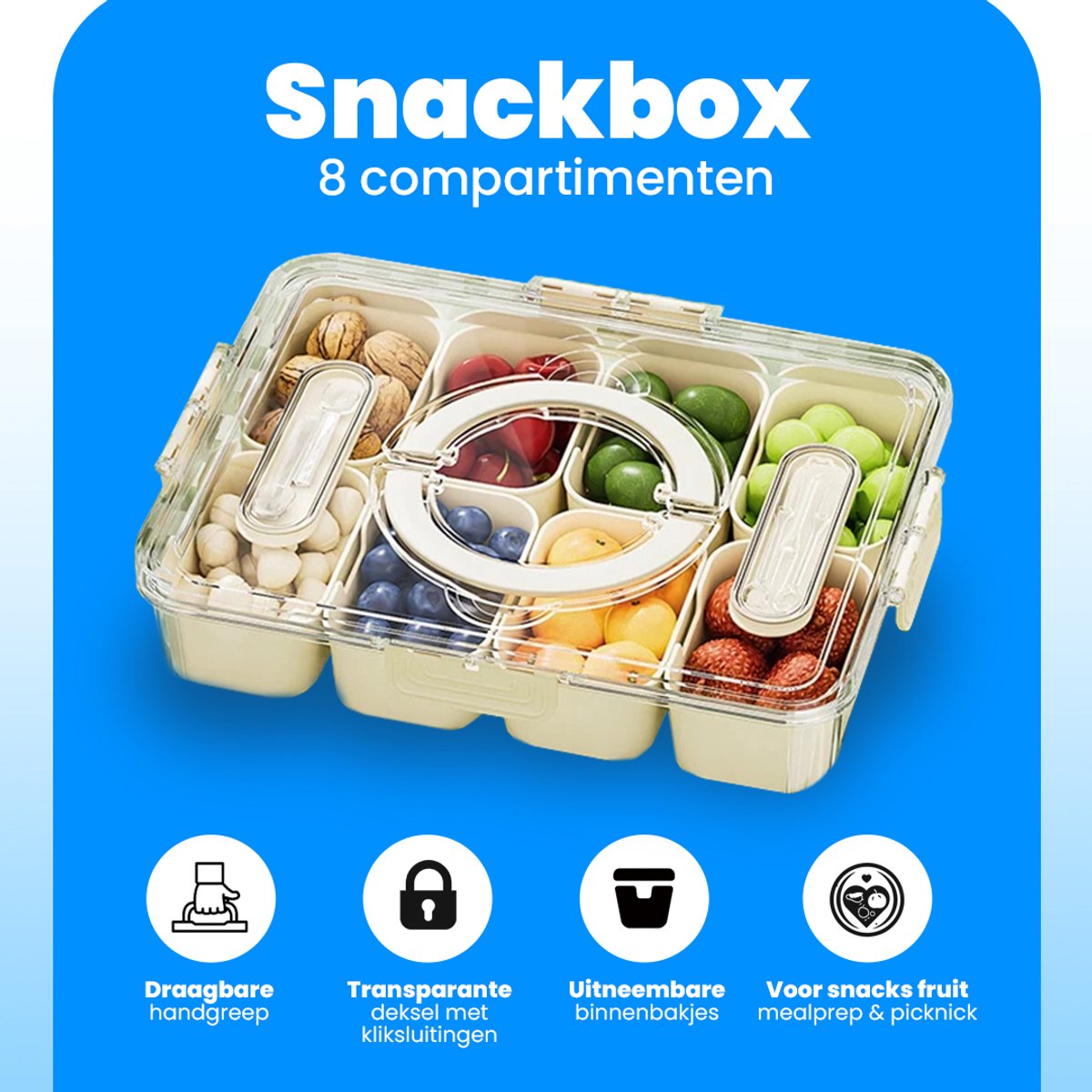 LifeLux Snackbox / Lunchbox met vakjes & Handvat – 8 Compartimenten snackdoosjes + 2 Bestekvakjes (Niet voor vaatwasser) - Picknick box volwassenen kinderen — afbeelding 4