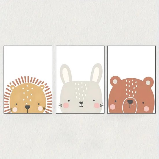 Set van 3 Canvas 'Leeuw, Konijn & Beer' - Canvas Posters - 30x40cm - zonder lijst - Leeuw - Konijn - Beer - Dieren - Wand Decoratie - Muur - Babykamer - Kinderkamer - Jongen - Meisje