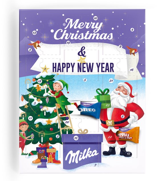 Milka Adventskalender - Adventkalender 2025 - 24 overheerlijke Milka Chocolaatjes - 4 Verschillende smaken Chocolade - Het perfecte kerstcadeau - "Happy New Year"