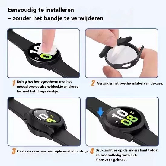 Stapsgewijze installatie van een smartwatch beschermhoes: schoonmaken, verwijderen beschermlabel, plaatsen en vastklikken.