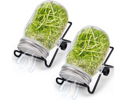 Set van 2 kiempotten met brede opening en roestvrijstalen deksels, inclusief standaard, kweekset voor broccolispruiten, microgreens, alfalfa, mungbonen