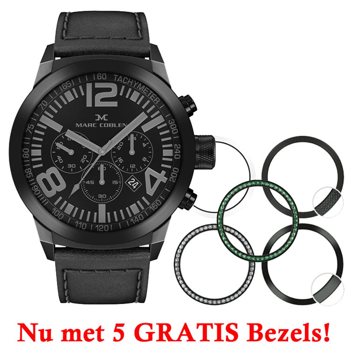 Marc Coblen Chronograaf 42mm ! Nu met GRATIS Set van 5 Verwisselbare Lunettes ! - MC42B2 Zwart