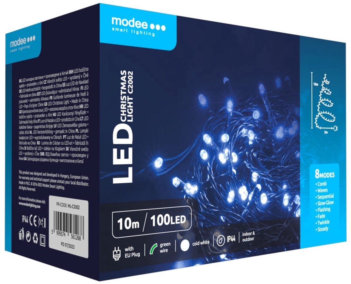 Modee Lichtsnoer Kerst 10 Meter - Kerstverlichting voor Buiten en Binnen - 100 LED Lampjes 8 Lichtstanden - IP44 - 10.000K - Koud Wit Licht - 5 stuks