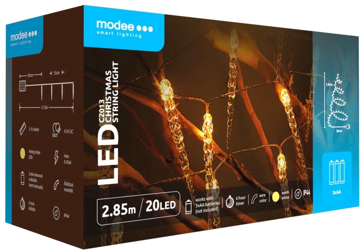 Modee Lichtsnoer Kerst IJspegels 2.85 Meter - Kerstverlichting voor Binnen - Inclusief 3xAA Batterijen - 20 LED Lampjes IP20 - 2700K - Warm Wit Licht - 3 stuks