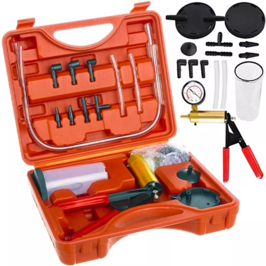 FreeTec 23 Piece Vacuum Pump Brake Bleeder, 40 PSI 26 Hg Vacuum Pump Suppression Pump for Car, Motorcycle and Vehicle with Case (Red