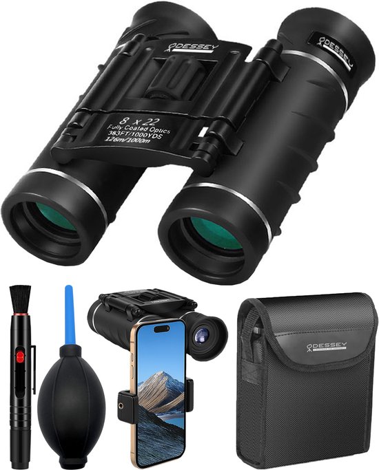 ODESSEY Compacte Verrekijker - met Case, Onderhoudskit en Telefoonhouder - 8x22 - FMC - BAK-7 - voor Volwassene & Kinderen