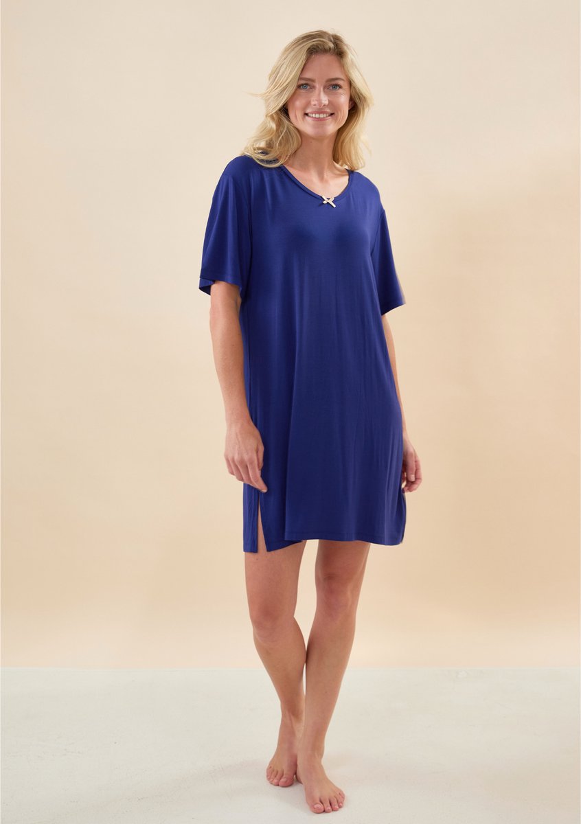 Little Label beau dames nachthemd bamboe - blauw- extra zacht en duurzaam