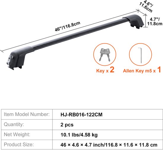 Barre transversale de toit universelle, max. 122,8 cm (48,4 po) Barre transversale de toit en aluminium, compatible avec les rails latéraux rainurés sans espace, capacité de charge de 100 kg