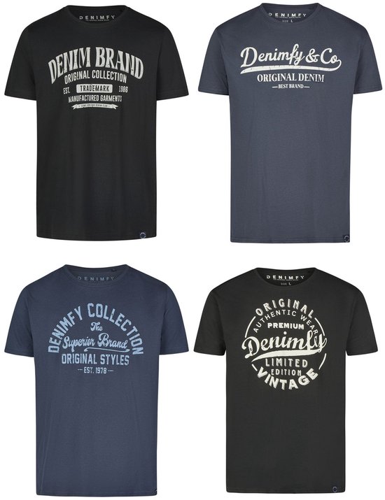 Vier T-shirts voor heren: zwart met "DENIM BRAND ORIGINAL COLLECTION", donkergrijs met "Denîmfy & Co ORIGINAL DENIM", donkerblauw met "DENIMFY COLLECTION" en zwart met "ORIGINAL AUTHENTIC WEAR PREMIUM Denîmfly LIMITED EDITION VINTAGE"