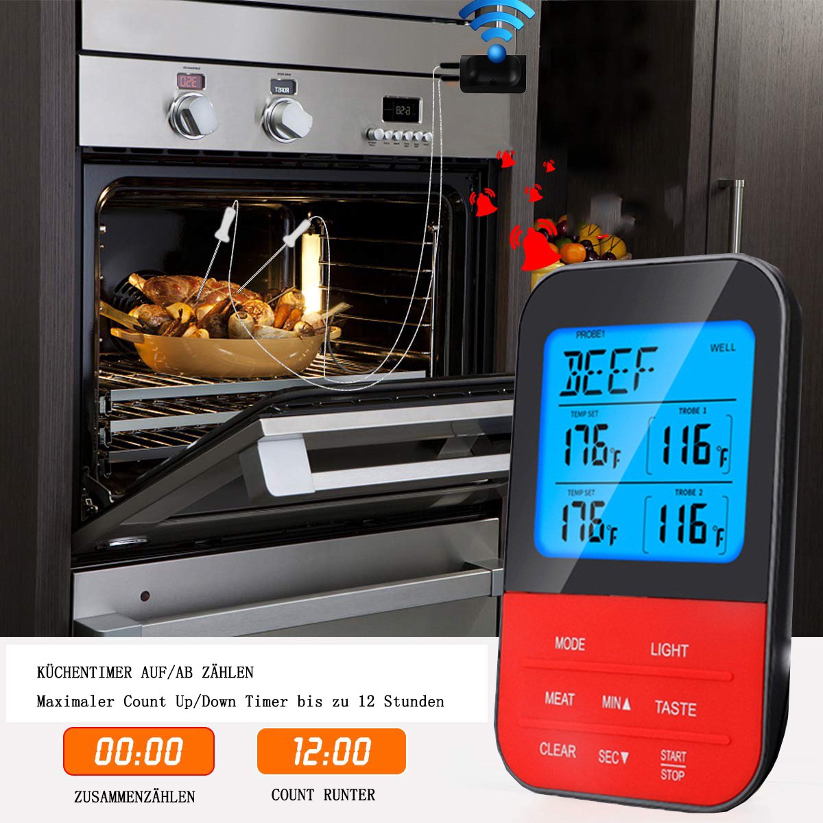 Thermometer - Grillthermometer - Draadloze vleesthermometer - Digitale bakthermometer - Magnetische thermometer met timer - LCD-scherm - Dubbele sonde - Kernthermometer - Steakoven - Tuingrill - Camping - Grillaccessoires — cadeau in Kookcadeaus - foto 2