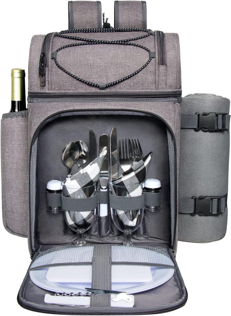 Famanu Picknickrugzak, wijnhouder, fleecedeken, bestekset, perfect voor strand, dagreizen, wandelen, kamperen, barbecues, familie of huwelijkscadeaus, voor koppels, voor 2 personen, 36083-G