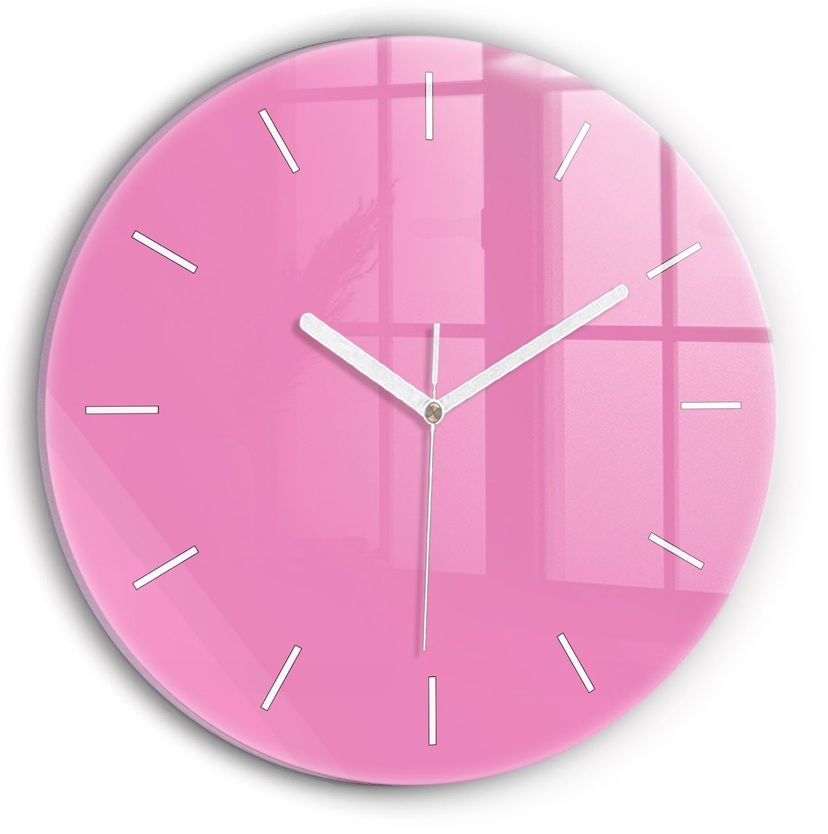 Wallfluent Wandklok - Roze Ronde Glazen Klok - 30 cm x 30 cm - Roze Wandklok - Witte Handen - Wandklok Zonder Cijfers - Wandklok voor in de Keuken - Ronde Glazen Wandklok - Industrieel Wandklok - Ronde Glas Klok