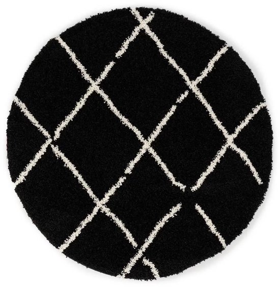 Tapis rond à poils longs Artisan squares - noir/blanc 240 cm rond