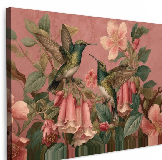 Tableau sur toile 120x80 cm - Décoration murale Colibris - Fleurs - Vert - Rose - Décoration murale salon - Décoration chambre - Accessoires chambre - Peintures sur toile
