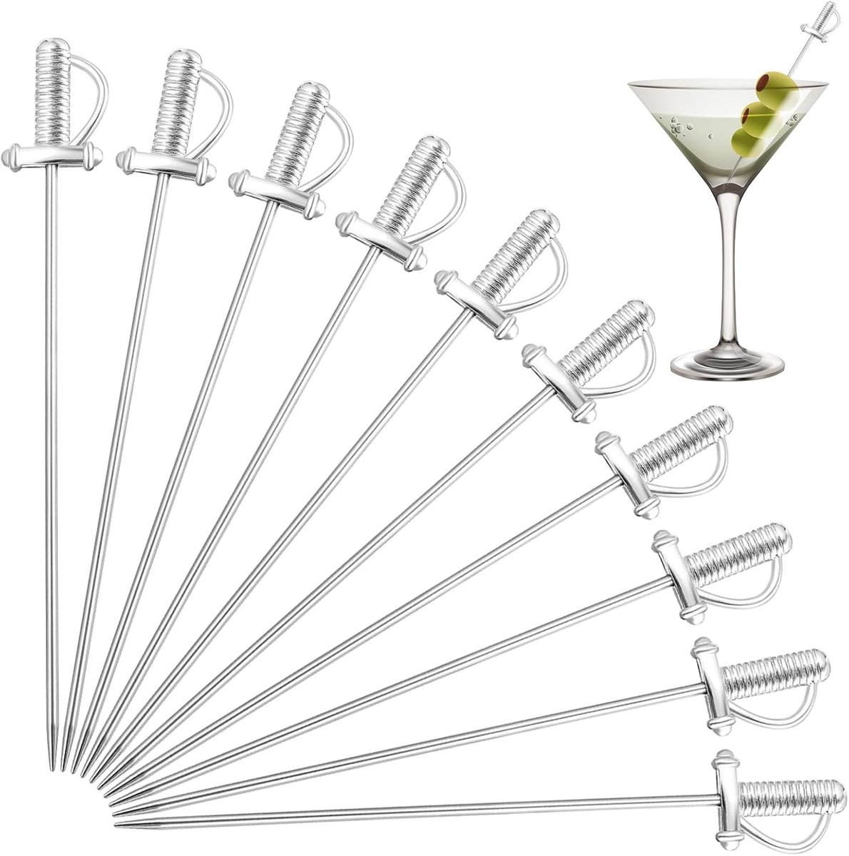 10-delige RVS Cocktailprikkers 11 cm – Herbruikbare Zwaardvormige Martini Picks, Metalen Tandenstokers voor Fruit, Hapjes & Drankjes – Ideaal voor Feest, Bruiloft & Bar (Zilver)