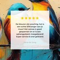 Vier kleurrijke vogels op een tak, met een tekst overlay in een wit kader. De kleuren zijn prachtig, het is een echte blikvanger aan je muur! Het canvas is goed gespannen en er is een ophangsysteem meegeleverd! Super service & snel geleverd.