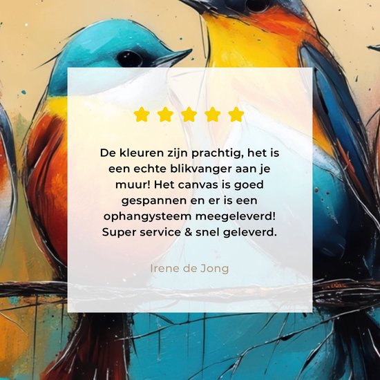 Vier kleurrijke vogels op een tak, met een tekst overlay in een wit kader. De kleuren zijn prachtig, het is een echte blikvanger aan je muur! Het canvas is goed gespannen en er is een ophangsysteem meegeleverd! Super service & snel geleverd.