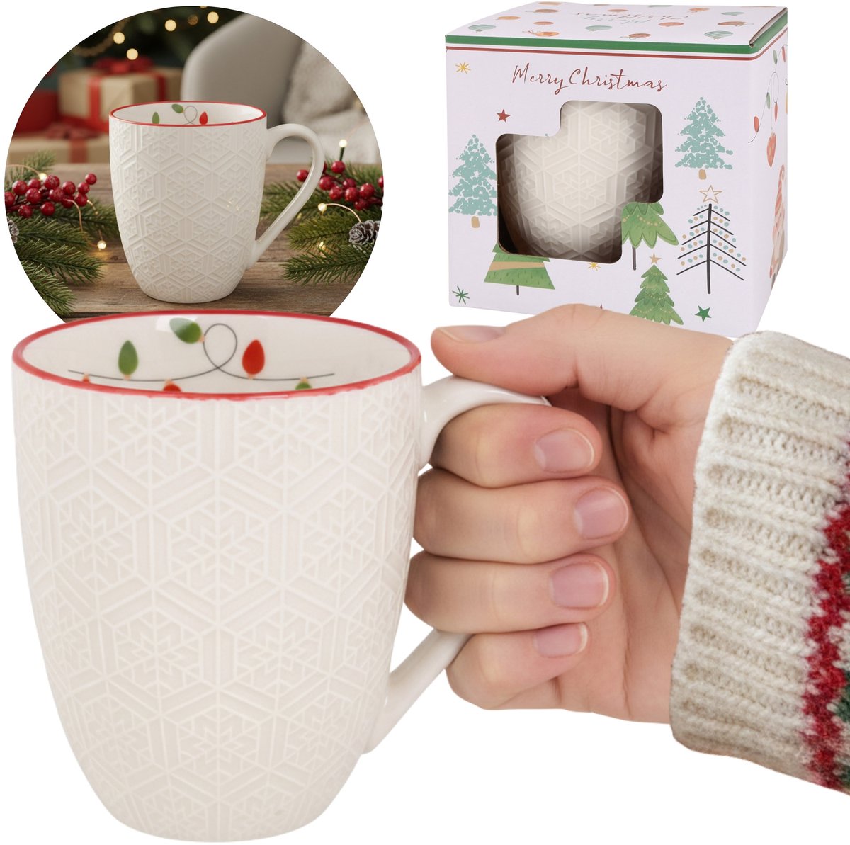 Witte, KERSTMOK van porselein met reliëfpatroon, kerstmotief - lampjes - VERPAKT IN EEN CADEAUVERPAKKING 400 ml